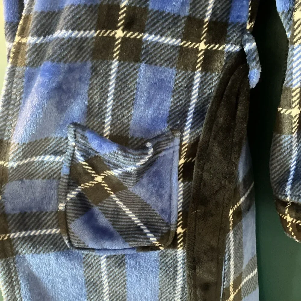Cuddl Duds Boys Robe Plush with Hood Size M (8/10) Blue, Black, White Plaid